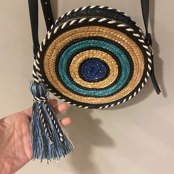 Rebecca Minkoff Straw Circle Crossbody Bag, Blue Multi - Picture 8 of 13